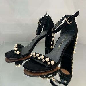 Stuart Weitzman Black Suede Pearl Embellished Block Heel Sandals – Size 5M